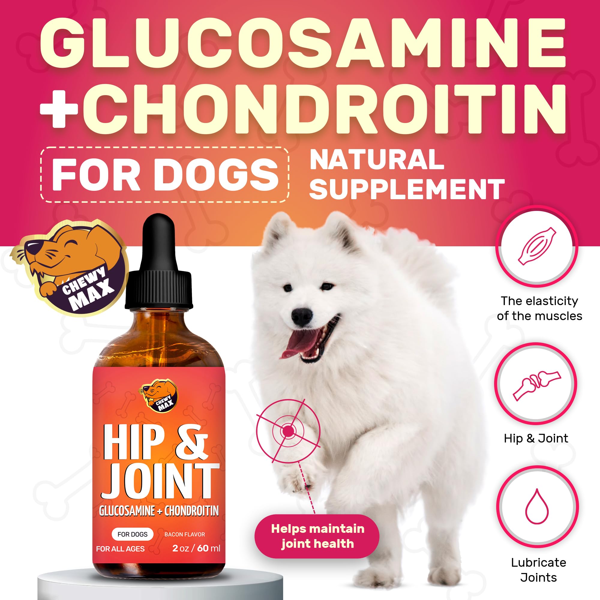Chewy Max Glucosamina para perros, ideal para mezclar con comida.