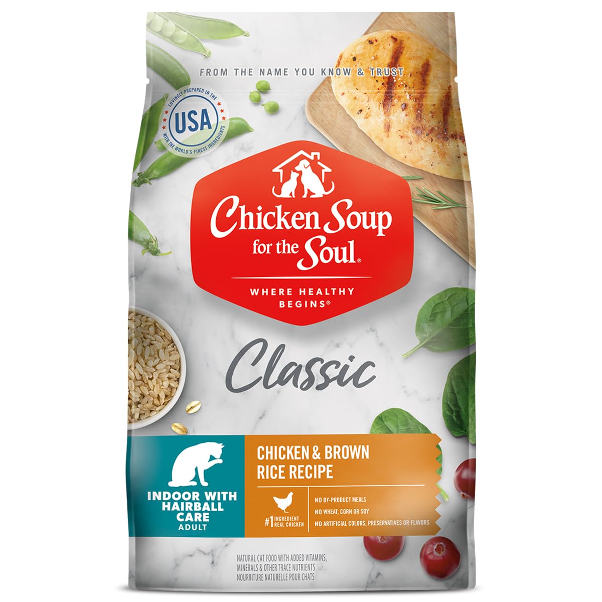 Chicken Soup for the Soul para gatos de interior: primer ingrediente carne real para una comida sabrosa.