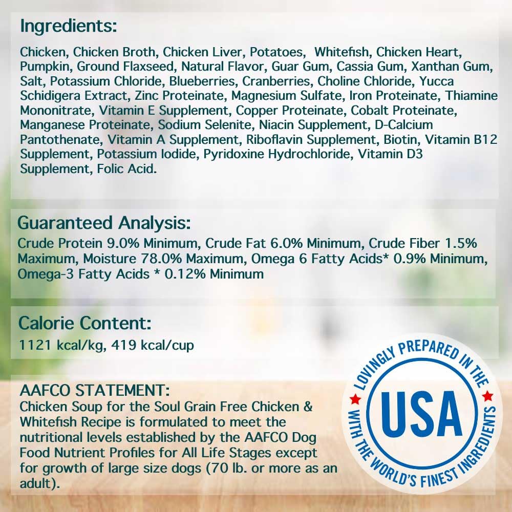 Ingredientes reales de Chicken Soup for the Soul: pollo, pescado y vegetales.