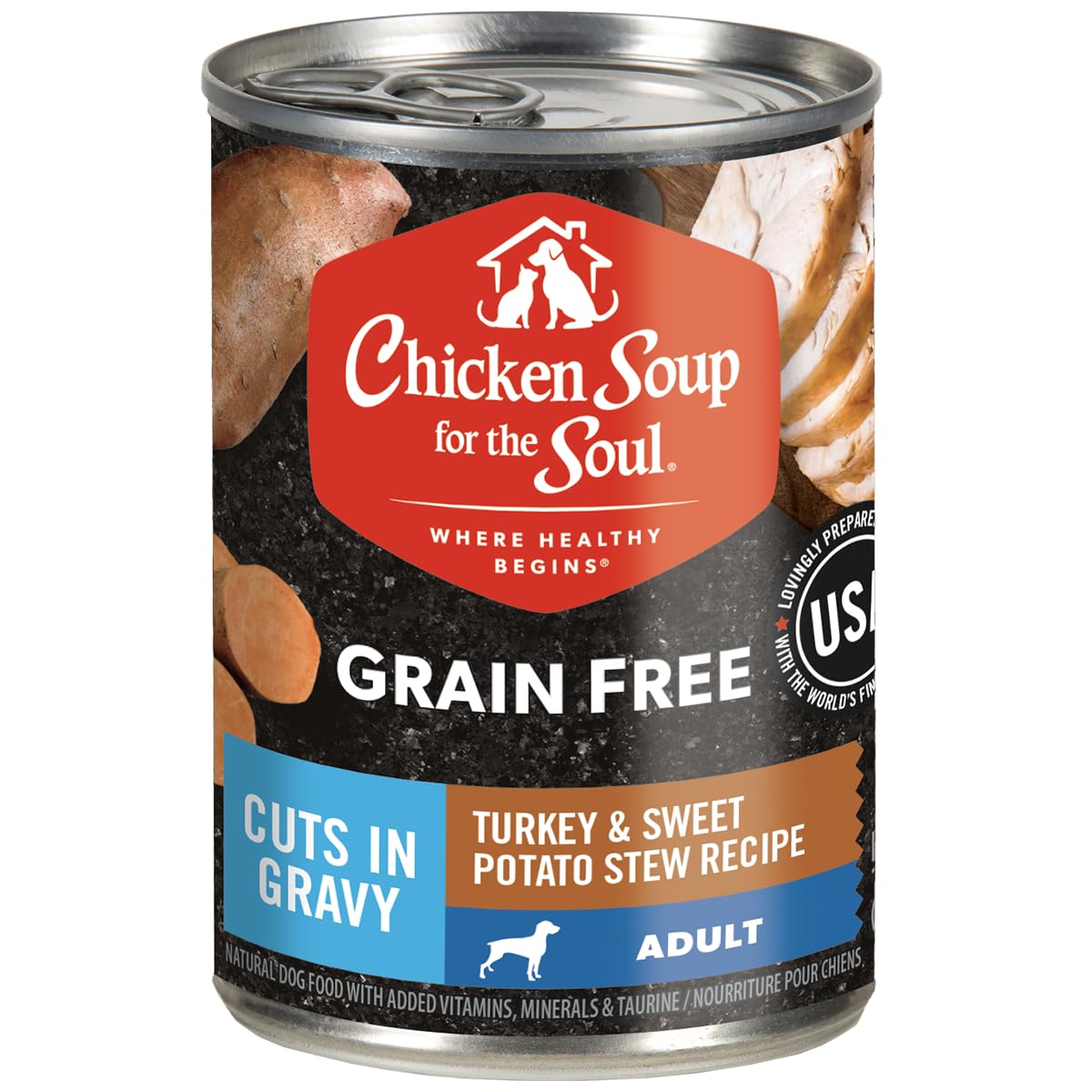 Chicken Soup for the Soul: lata pavo batata dulce estofado, ideal para perros activos.