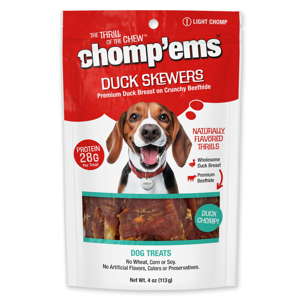 CHOMP'EMS brochetas-pato, premio proteico para perros activos.