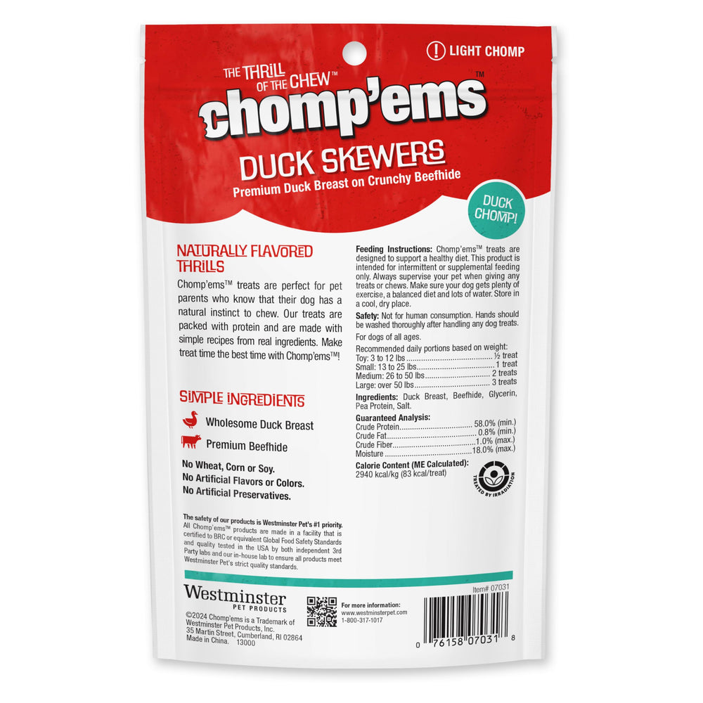 CHOMP'EMS brochetas-pato, snack sin granos para perros de todas las edades.