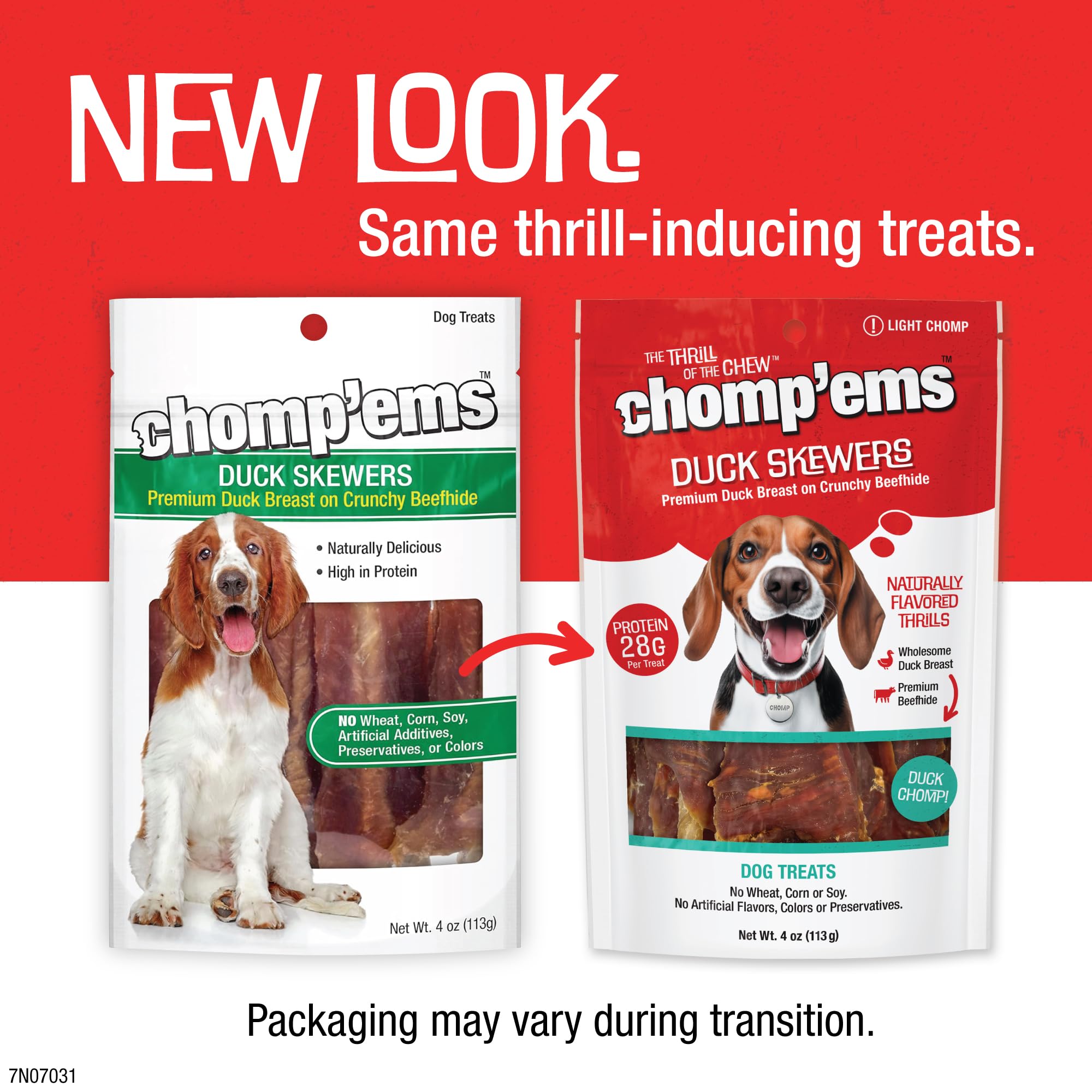 CHOMP'EMS brochetas-pato, recubrimiento crujiente para masticar y entretener.