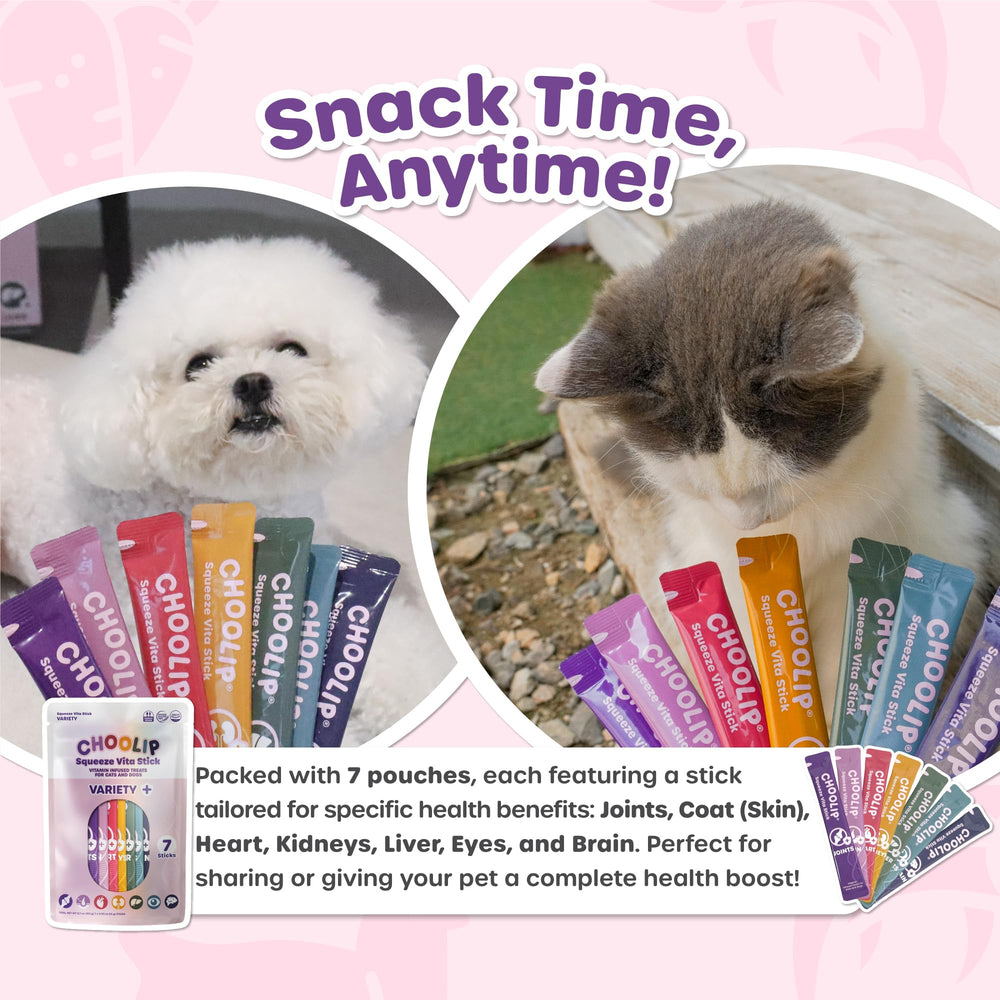 Choolip Squeeze Vita Stick envase de 7 unidades, ideal para hogares con varias mascotas.