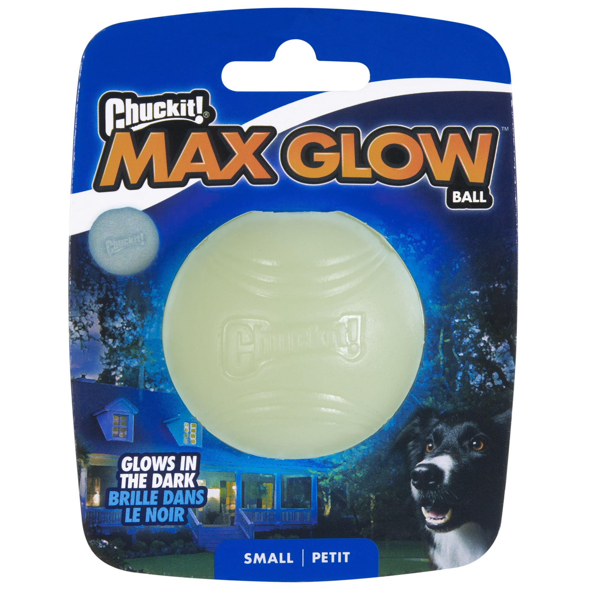 Pelota Chuckit! glow oscura de 2 pulgadas para juegos nocturnos seguros.
