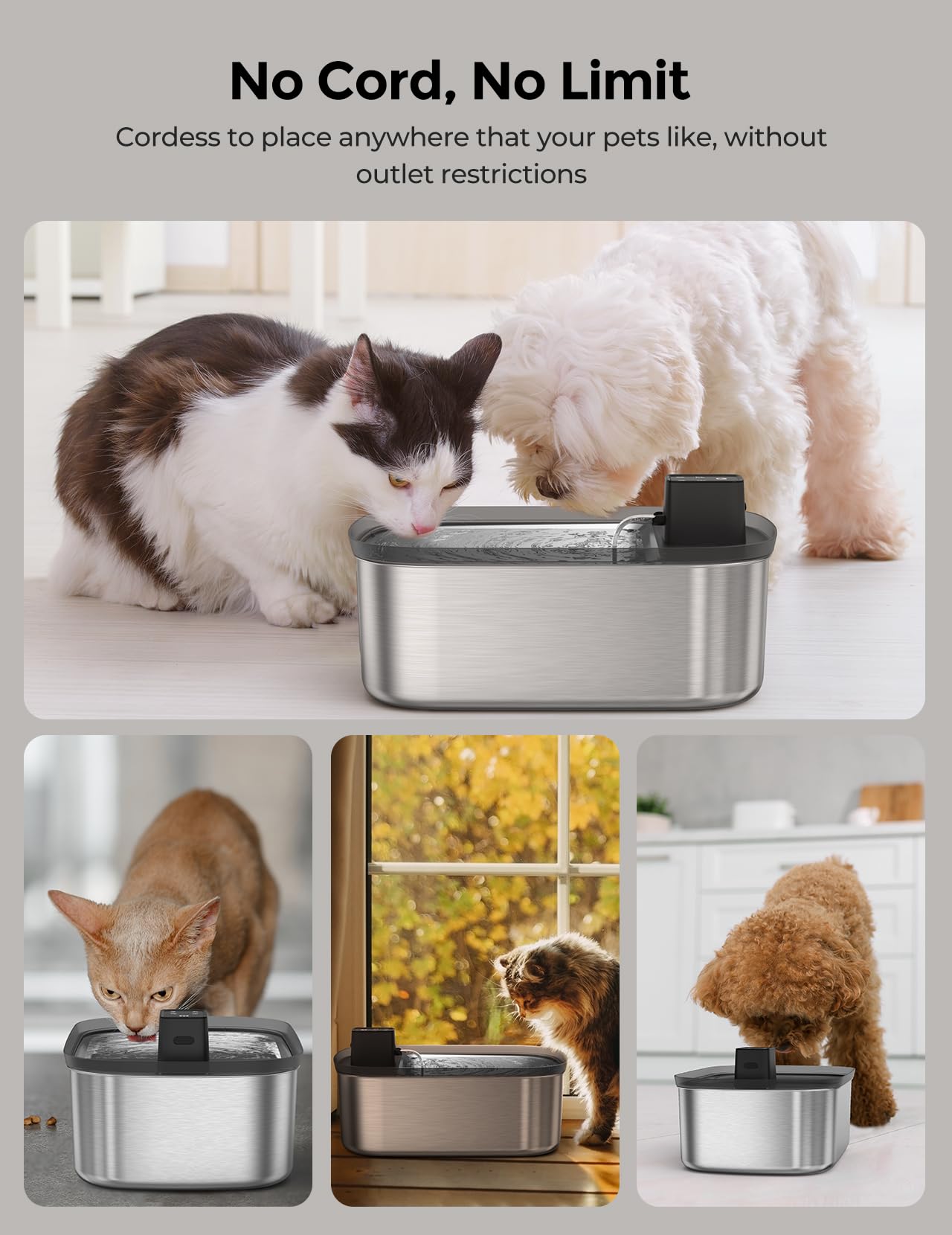 Vista del tanque grande de 7.5 L para hogares con varias mascotas.
