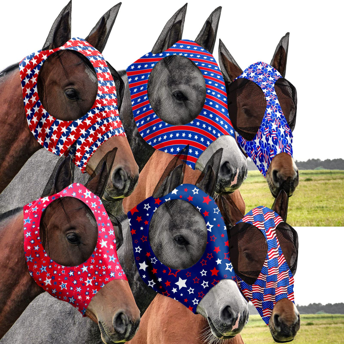 Chunful máscara moscas para caballo con orejas y banderas, protección UV