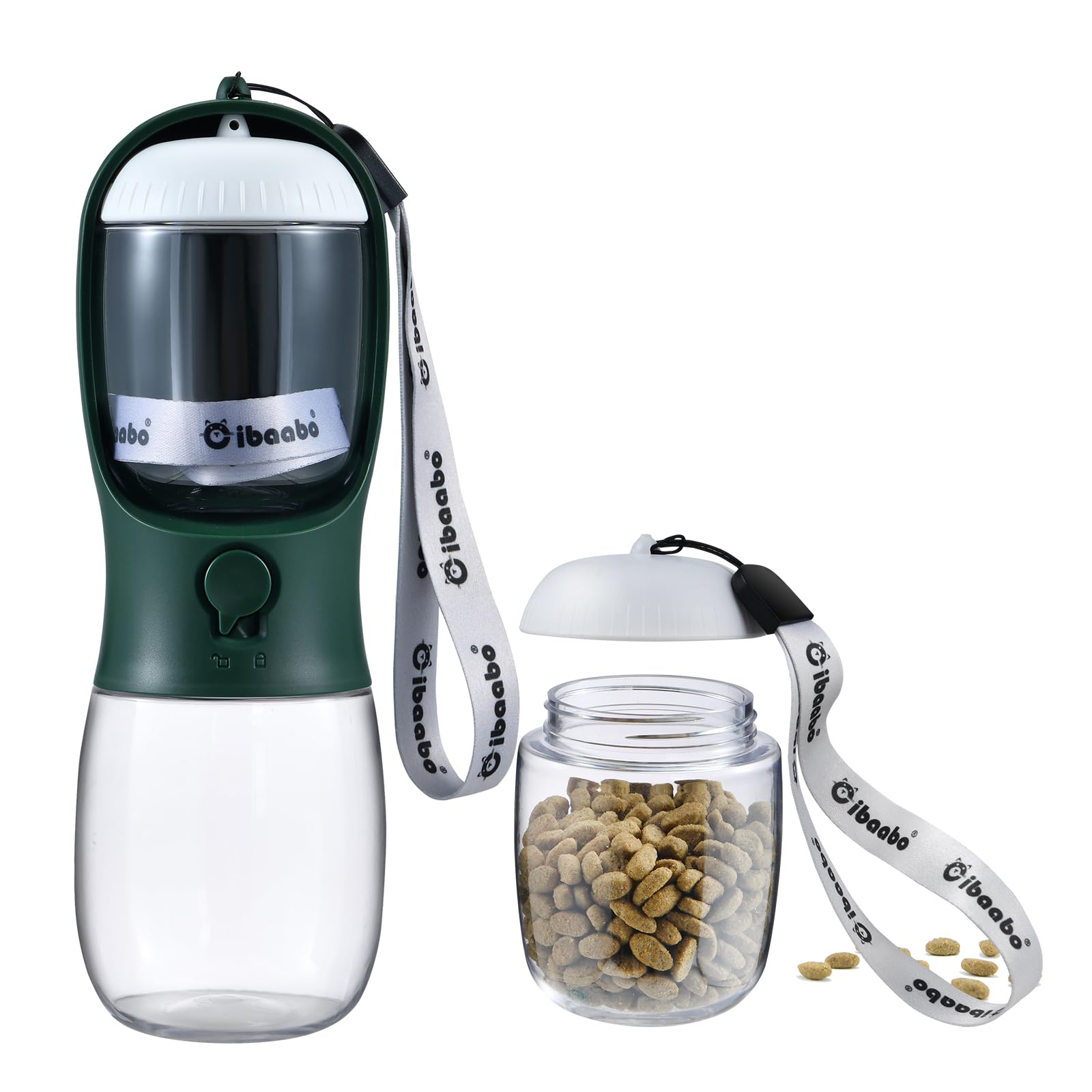 Cibaabo botella de agua para perros con contenedor de alimento acoplado, ideal para paseos.
