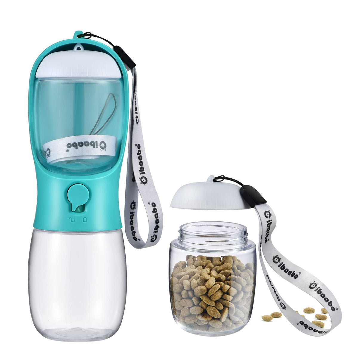Bouteille Cibaabo pour chien avec contenu nourriture intégré, pratique pour sorties.