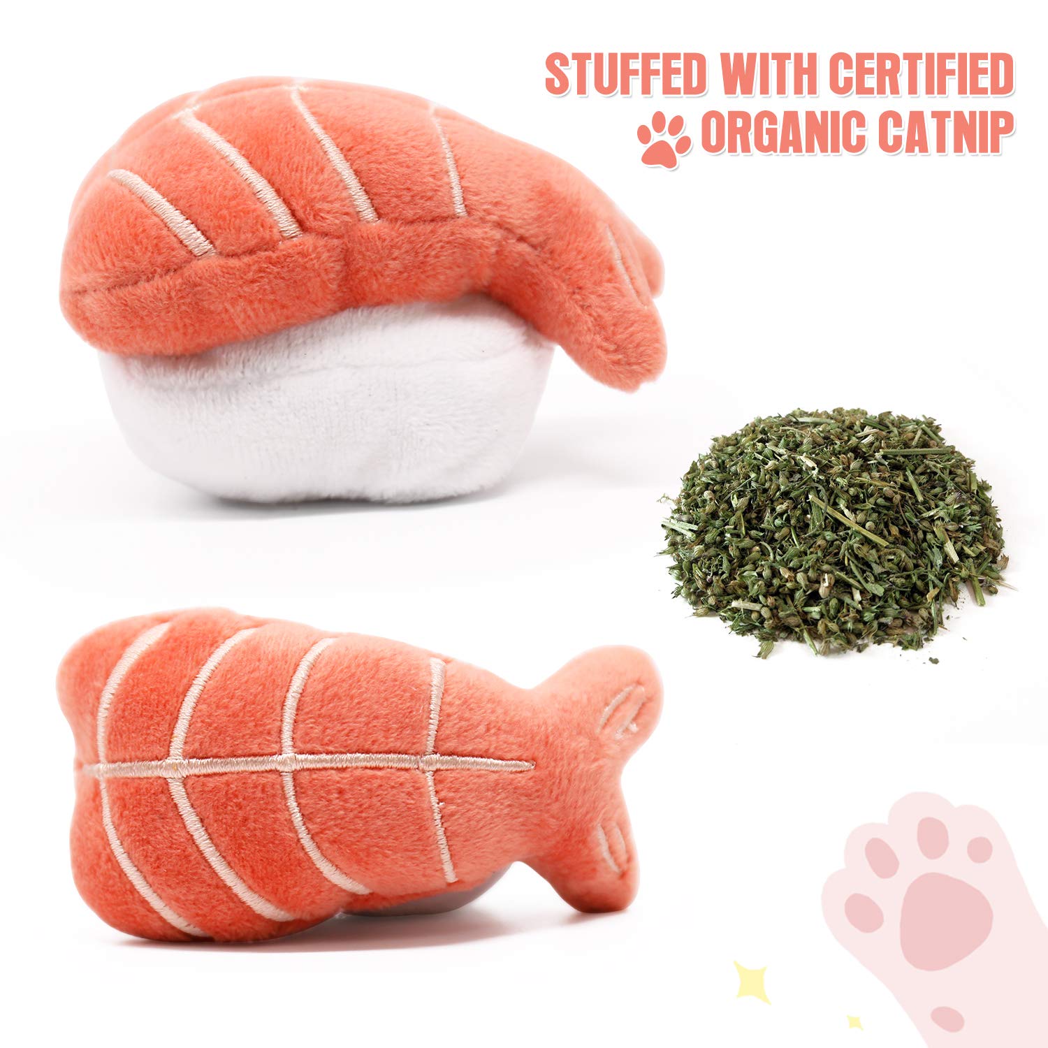 Juguete sushi CiyvoLyeen de langostino, diseño suave para gatitos curiosos.