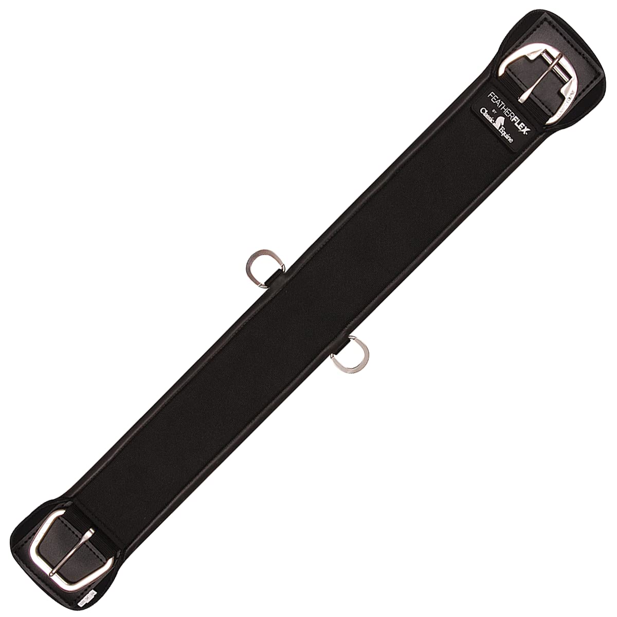 Classic Equine Feather Flex Recta Cinch negro mantiene el sillín estable y reduce rozaduras.
