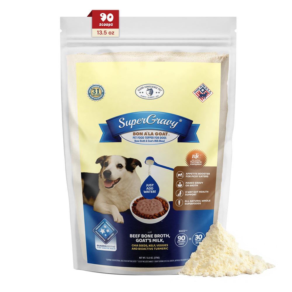 CLEAR CONSCIENCE PET Bon A’ La Goat, Caldo Cabra Verter para hidratar la comida del perro.