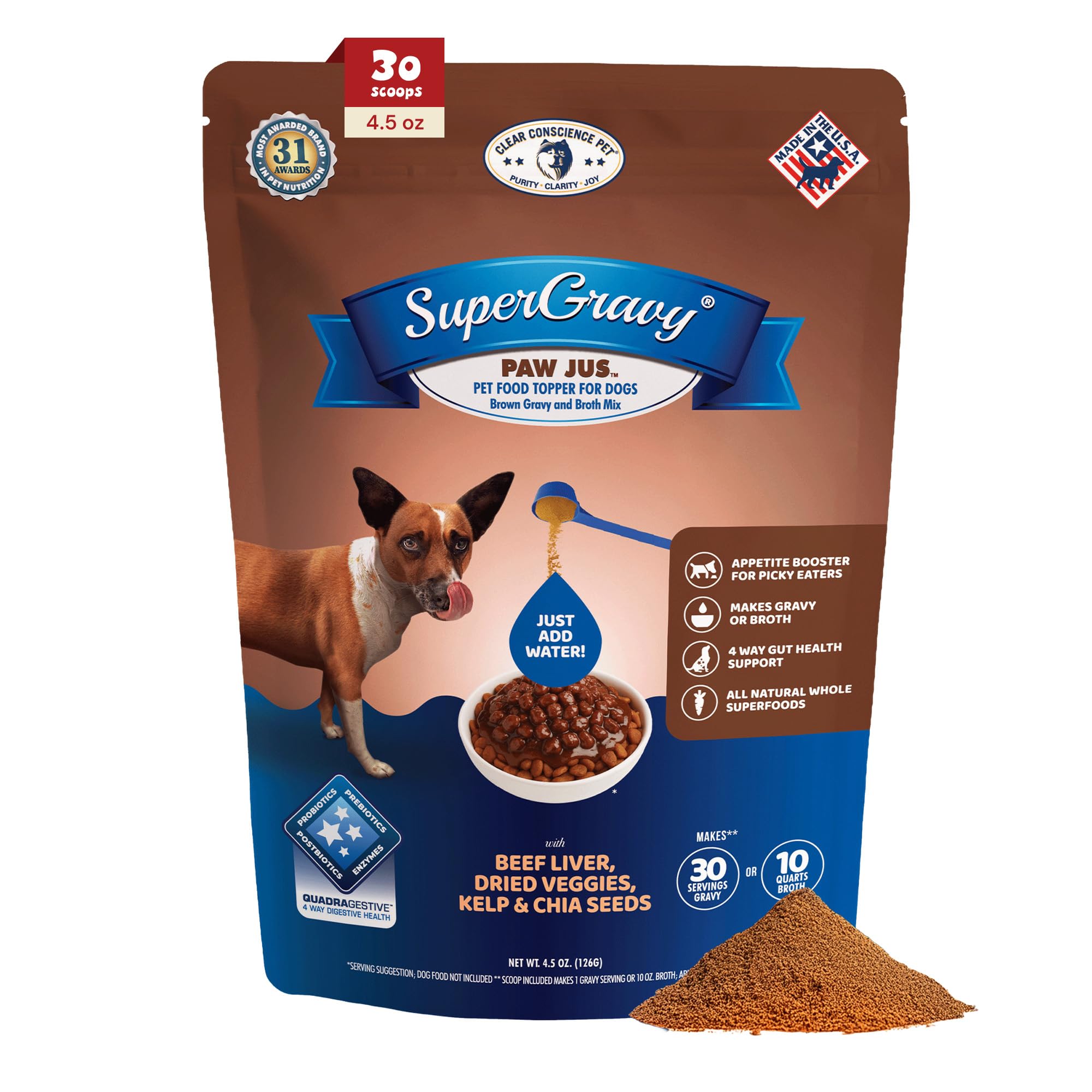 Paw Jus SuperGravy de CLEAR CONSCIENCE PET vertido sobre croquetas para sabor y hidratación