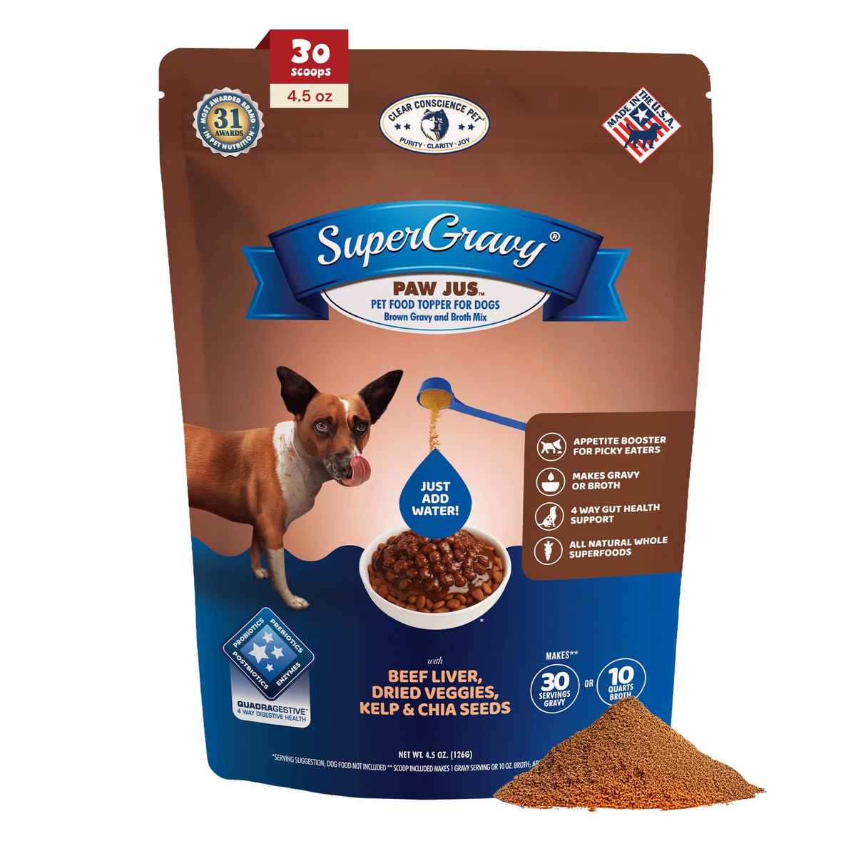 Paw Jus SuperGravy de CLEAR CONSCIENCE PET vertido sobre croquetas para sabor y hidratación