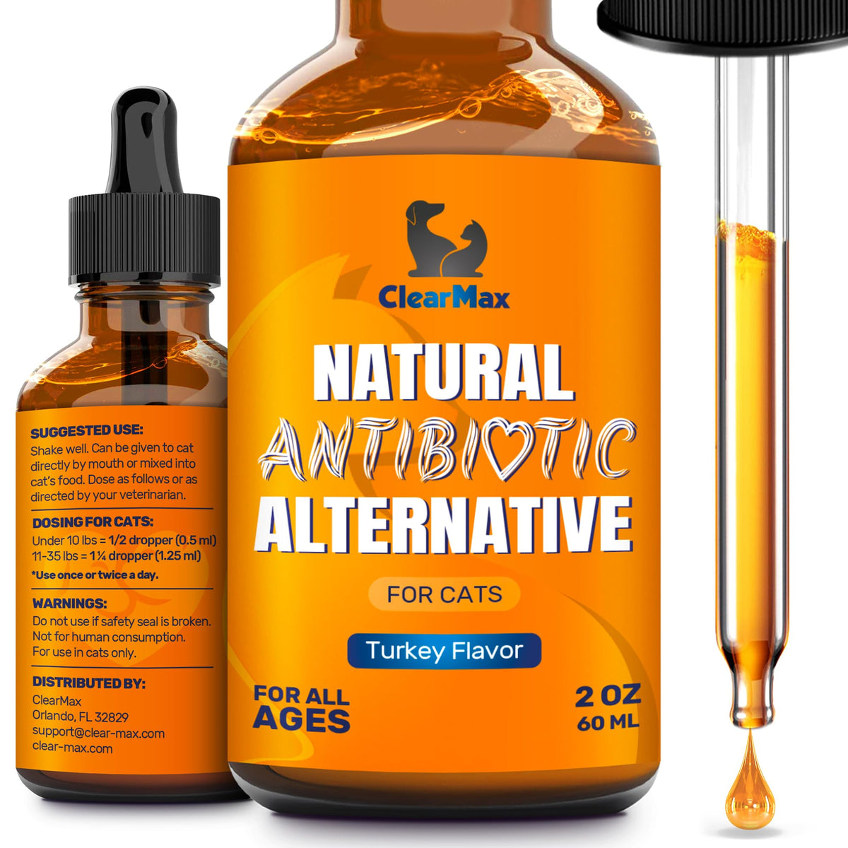 Clear Max antibióticos para gatos, gotas para el bienestar general del felino.