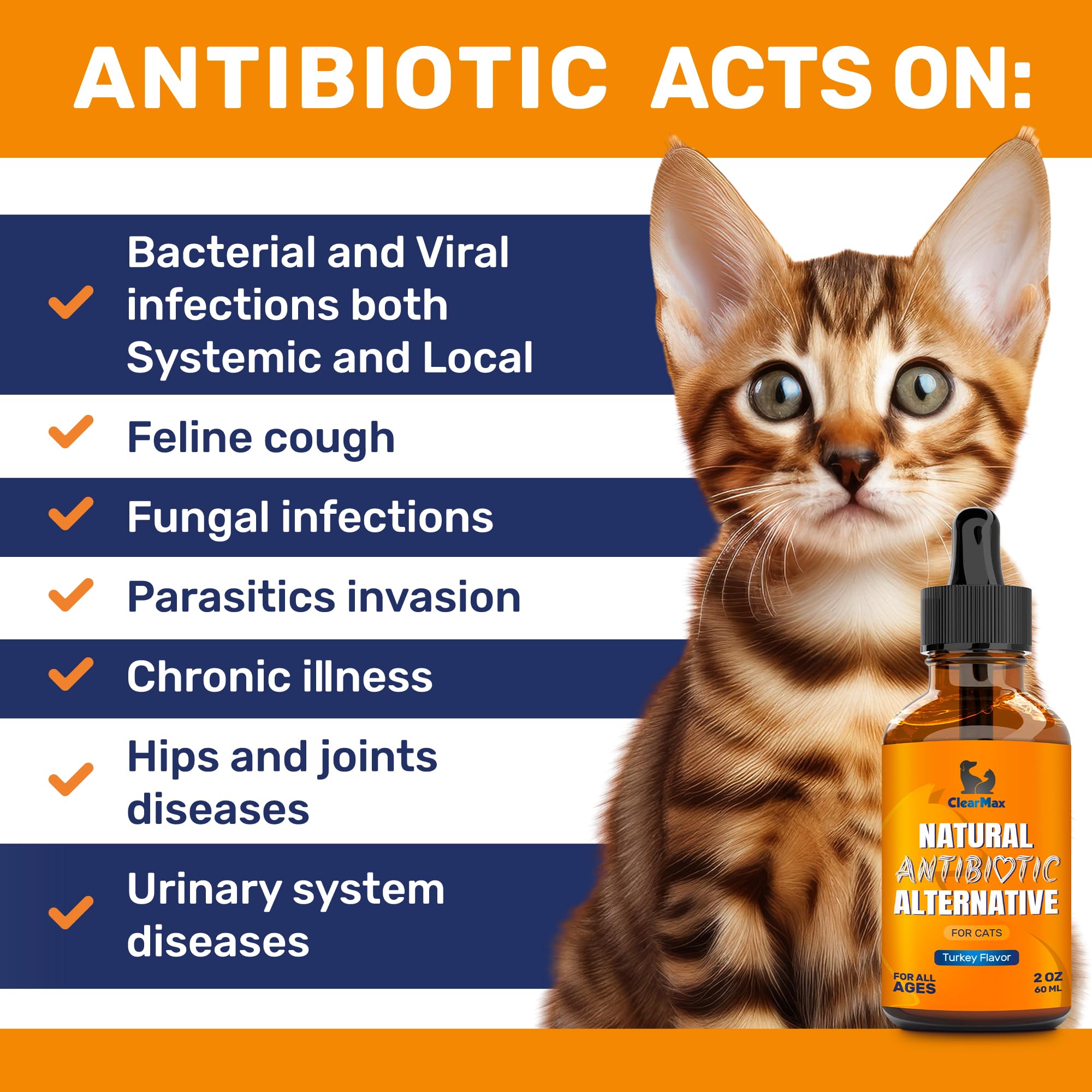 Clear Max antibióticos para gatos, sabor a pavo para facilitar la administración.