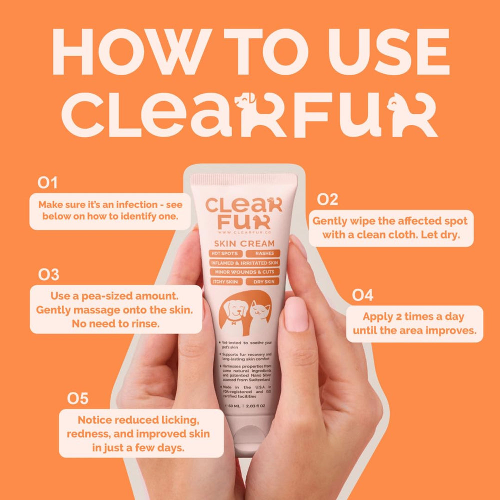ClearFur aplicación suave en zona afectada para alivio de la piel