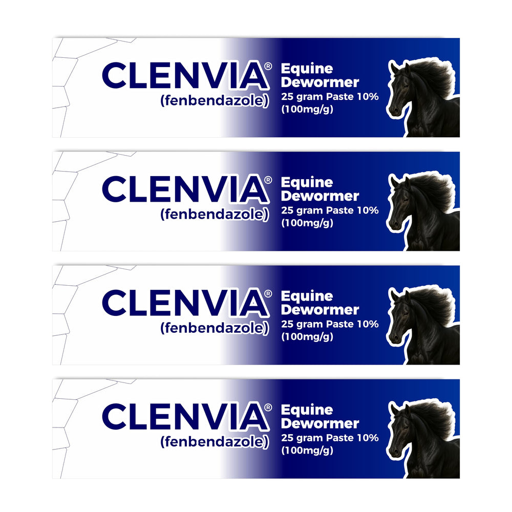 CLENVIA pasta desparasitante para caballos 10 por ciento, frasco frontal para uso fácil.