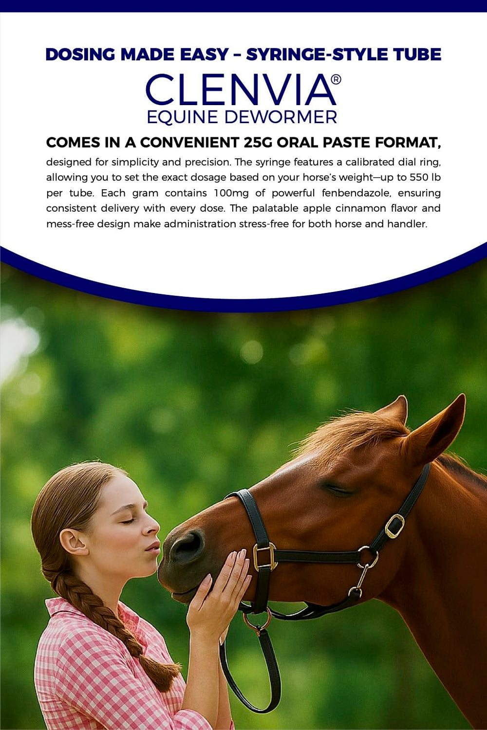 Cuidado equino confiable con CLENVIA para uso mensual.