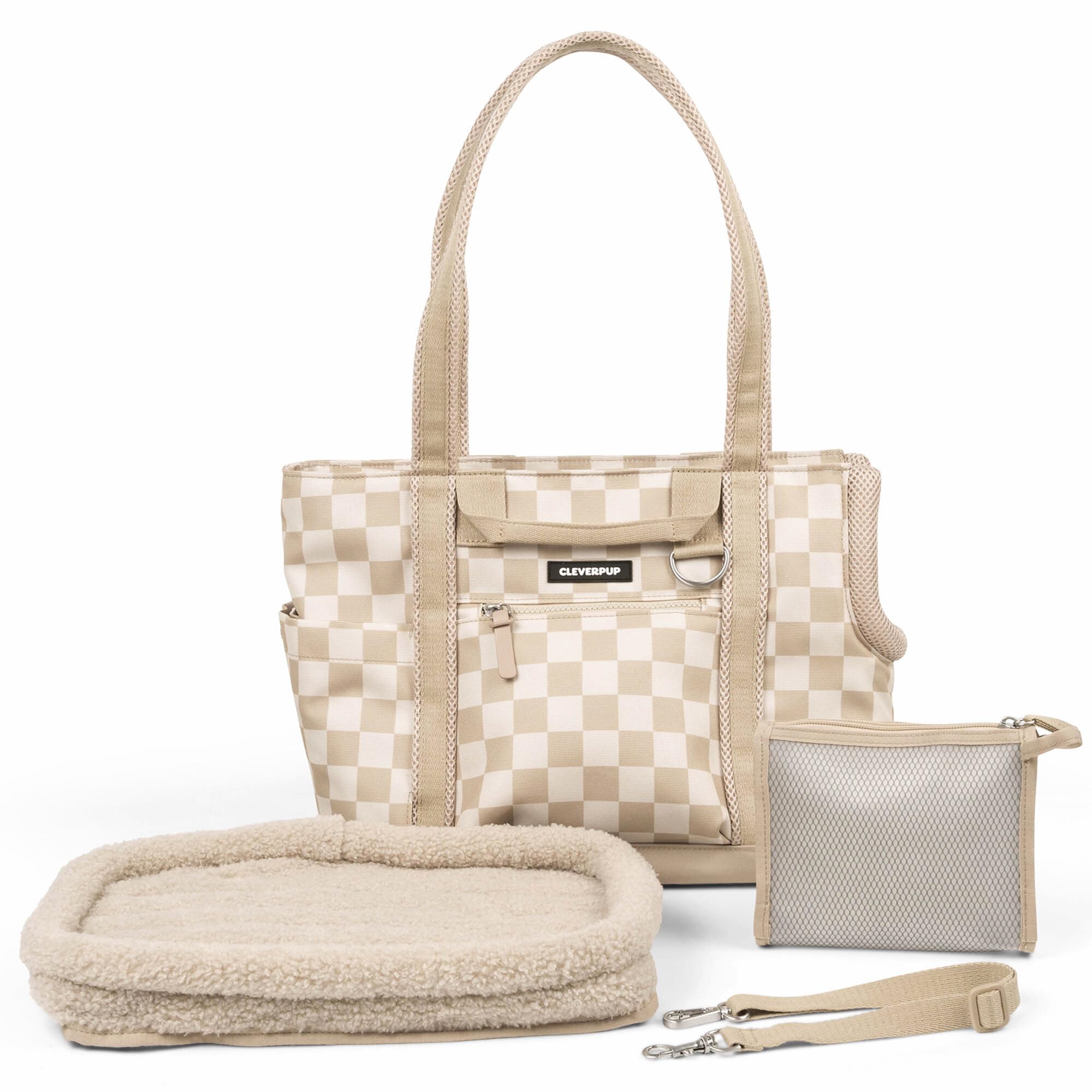 Cleverpup Transit Tote para perros pequeños en cuadros, ideal para paseos diarios con comodidad.