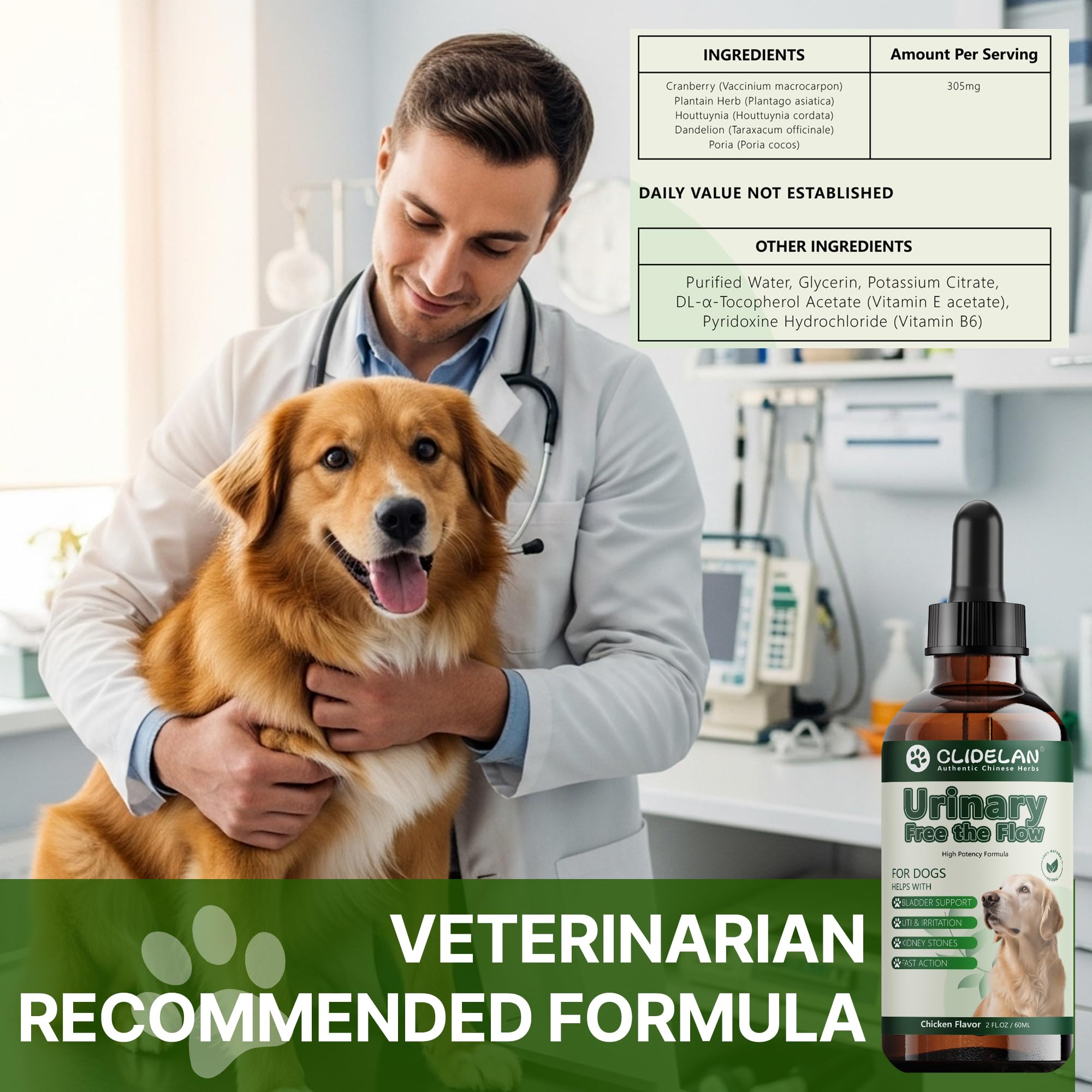Clidelan formulación veterinaria a base de plantas para perros con piedras.