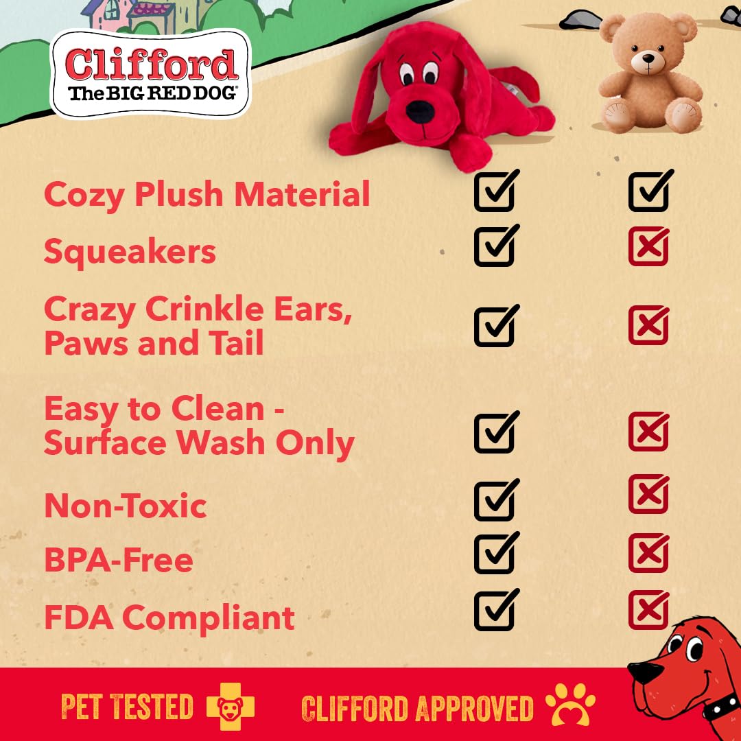 Clifford dos en uno, peluche suave y crujiente para juegos variados.
