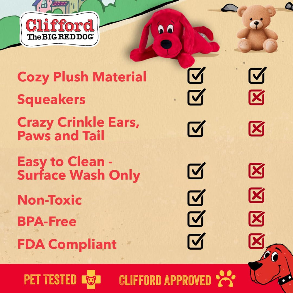 Clifford dos en uno, peluche suave y crujiente para juegos variados.