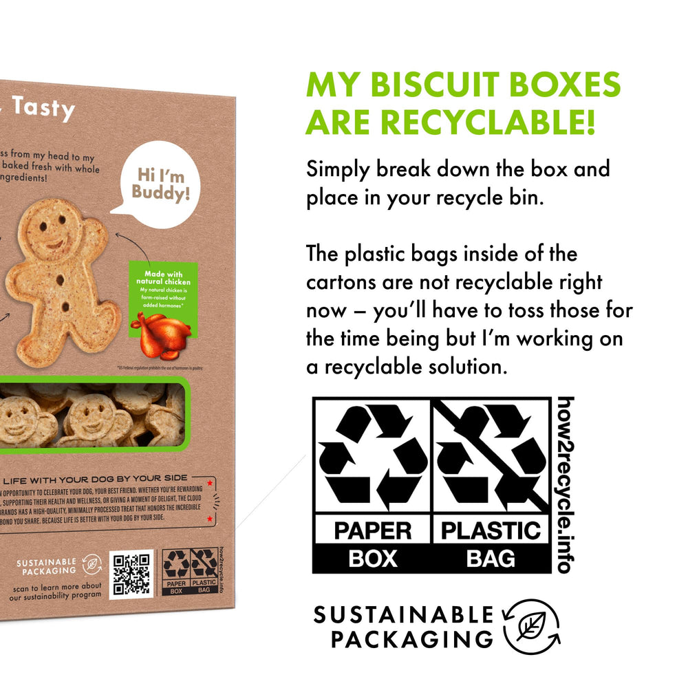 Envase reciclable de Buddy Biscuits, cuida el planeta después del snack.