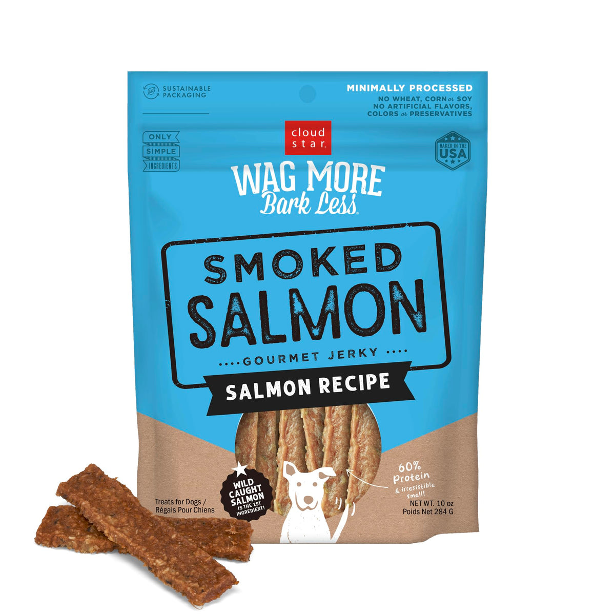 Cloud Star Wag More Bark Less Jerky de salmón ahumado, snack sabroso para perros