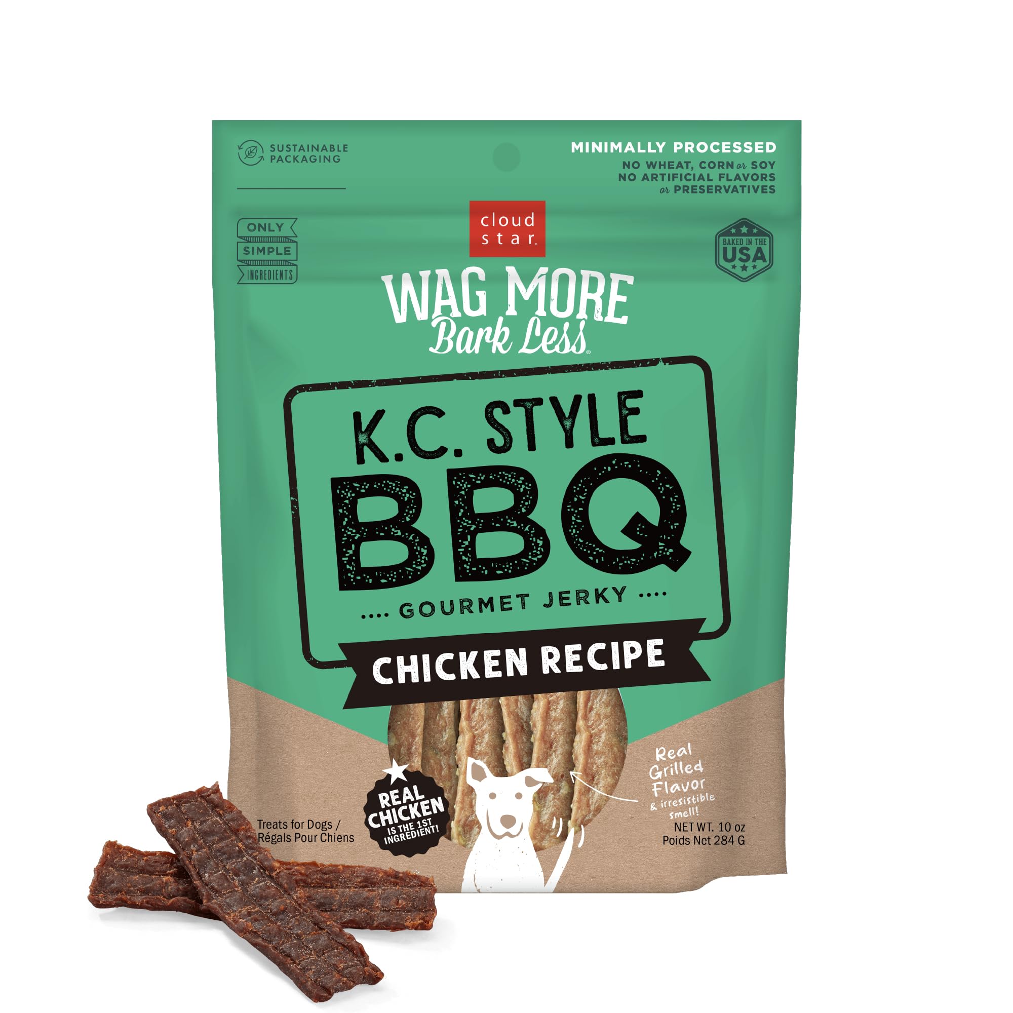 Cloud Star Wag More Bark Less: tiras de pollo KC BBQ para perros.