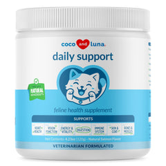 Coco y Luna multivitamínico para gatos, frente del envase, apoya vitalidad diaria.