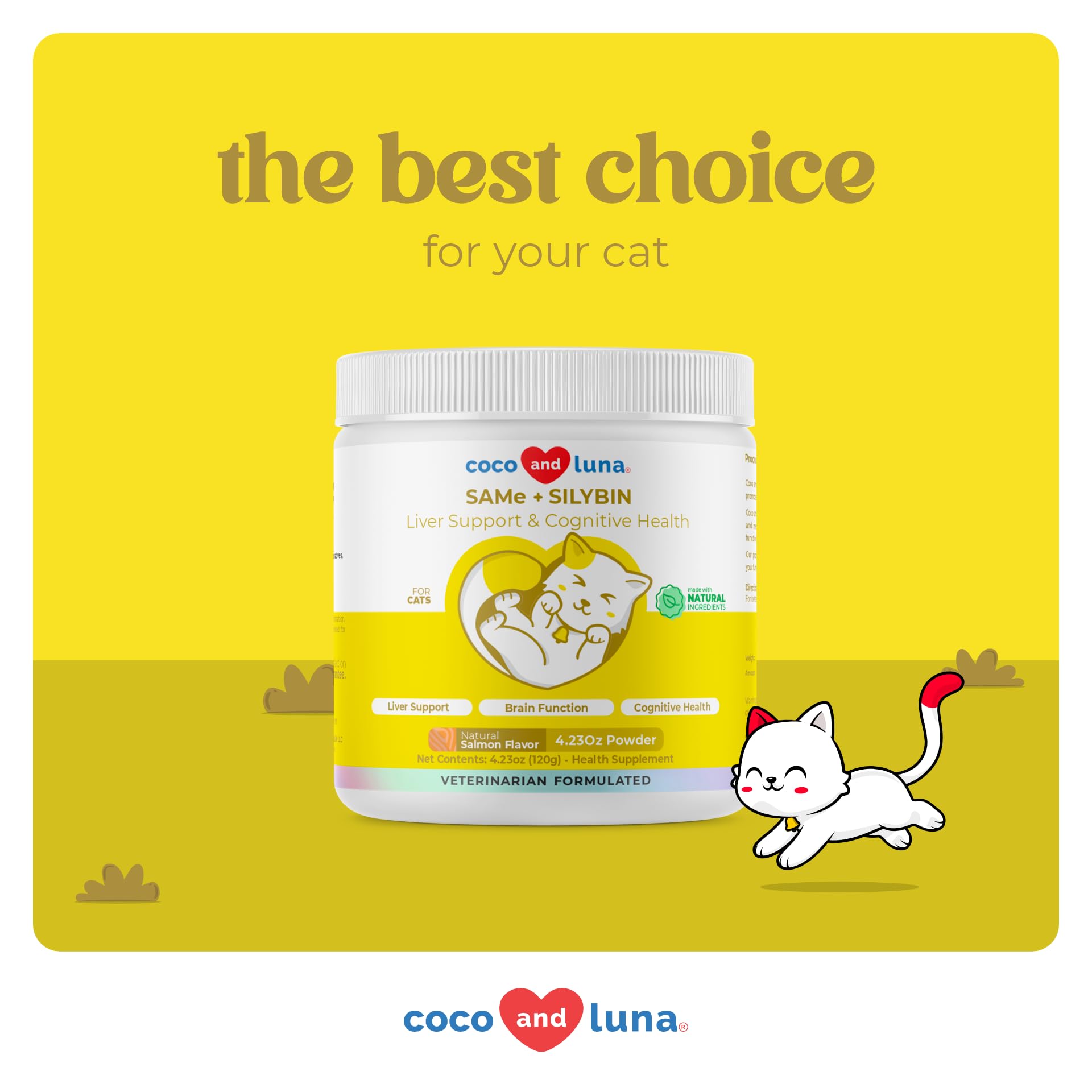 Cucharilla de dosis de Coco y Luna SAMe para gatos, polvo fácil de administrar