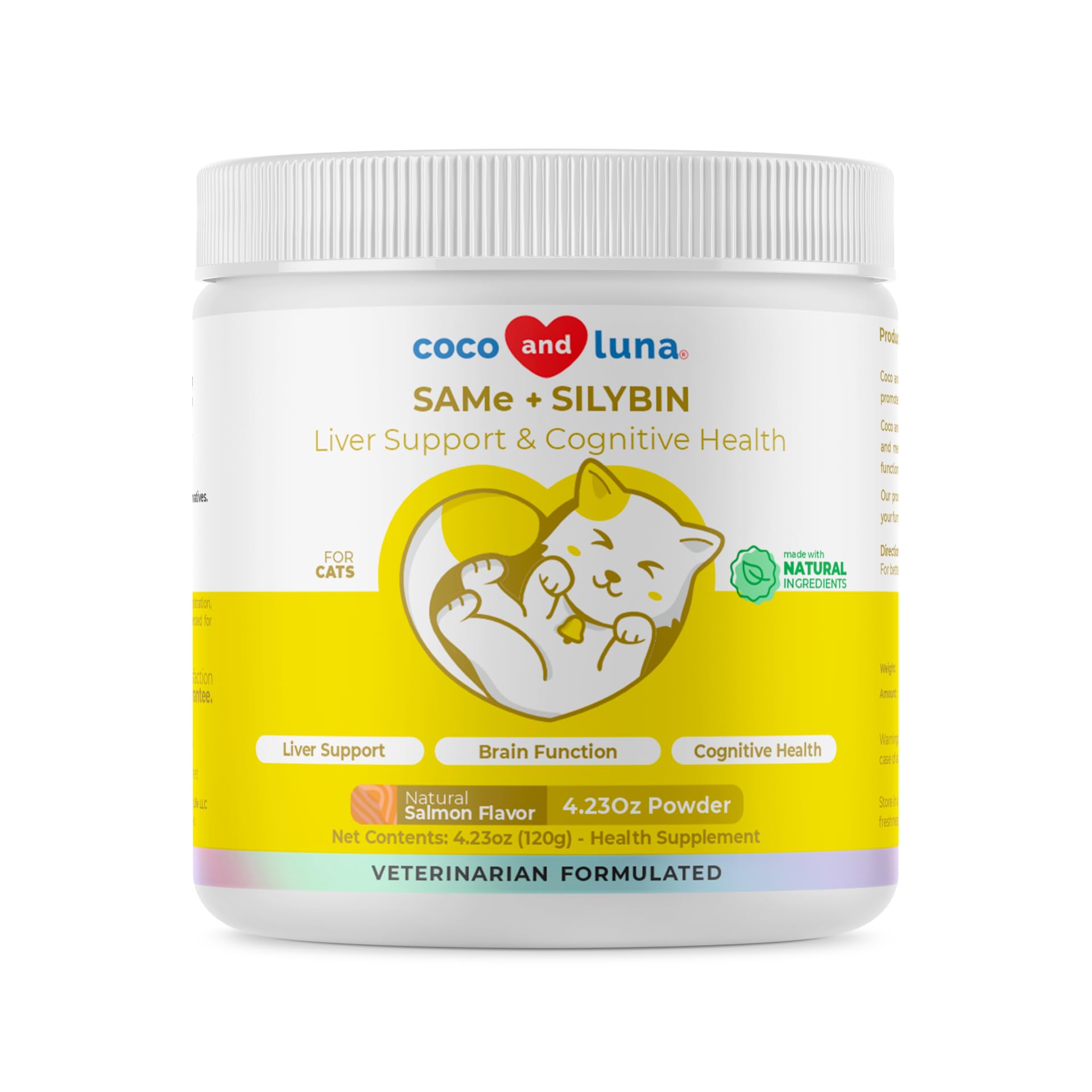 Coco y Luna SAMe para gatos en polvo 120 g, frente del envase, apoyo hepático