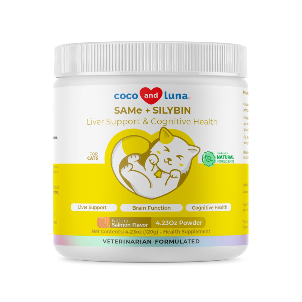 Coco y Luna SAMe para gatos en polvo 120 g, frente del envase, apoyo hepático