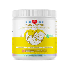 Coco y Luna SAMe para gatos en polvo 120 g, frente del envase, apoyo hepático
