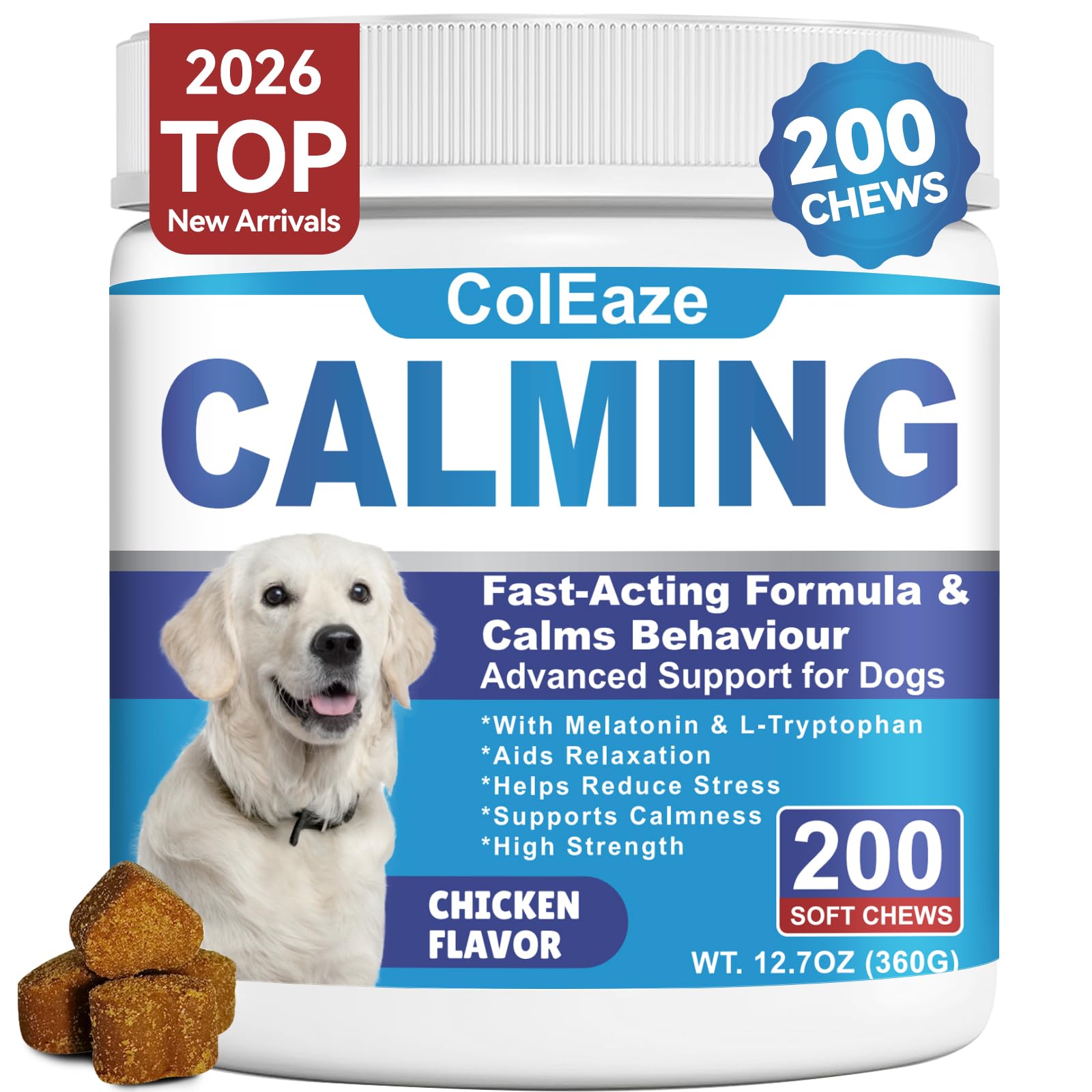 ColEaze masticables calmantes para perro en bolsa, alivio suave para momentos de estrés.
