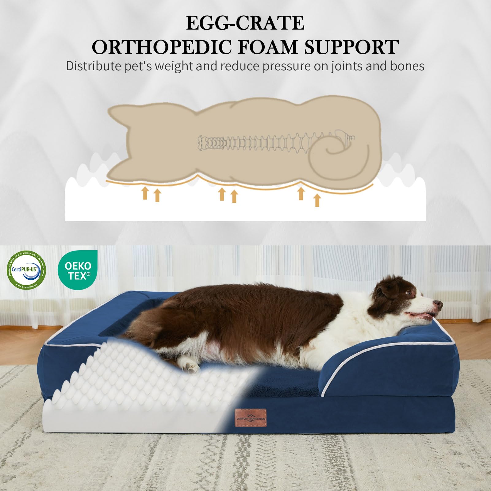 Cama Comfort Expression XL azul marino, vista lateral, soporte estable para mascota.