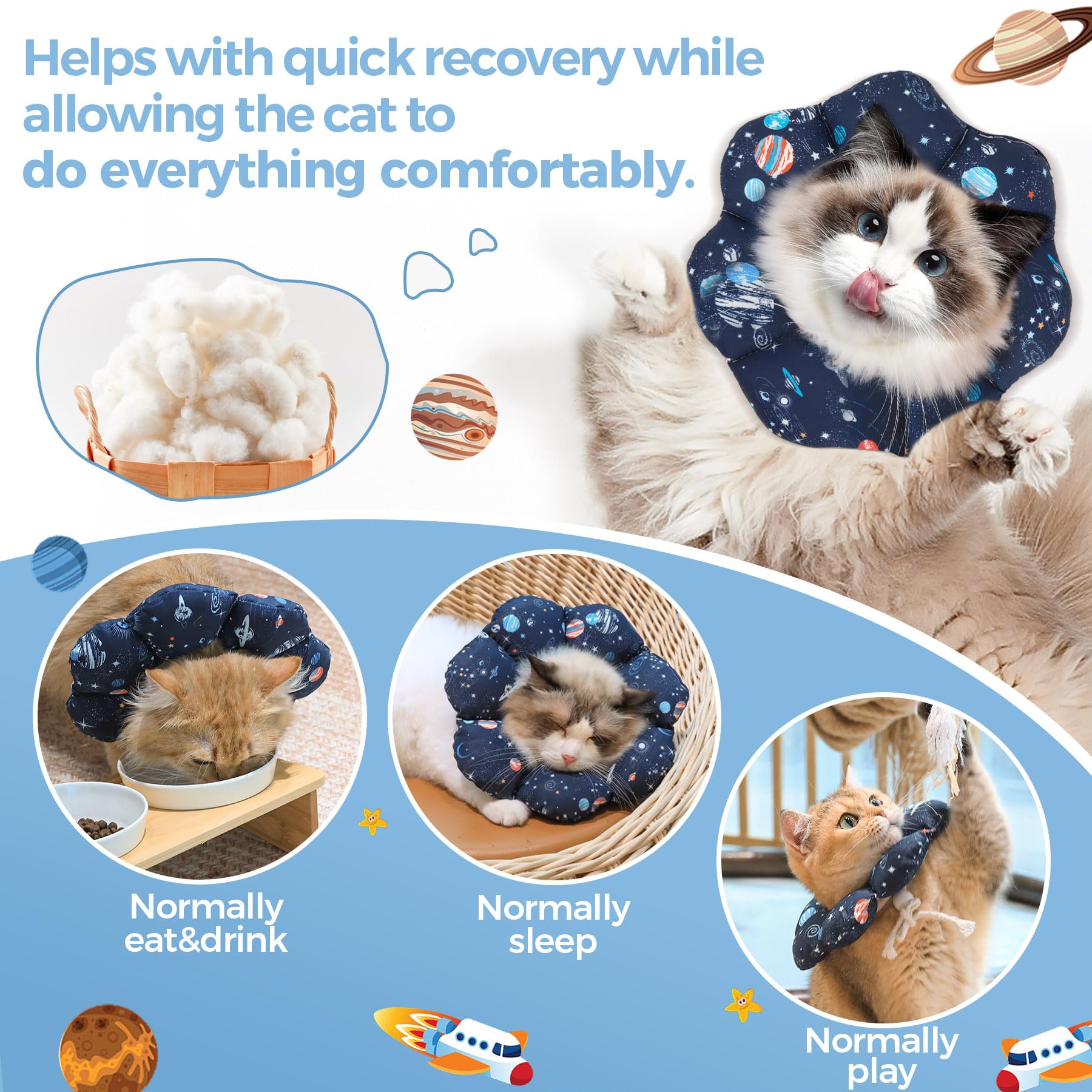 Cono de recuperación ComSaf para gatos que facilita una experiencia suave.