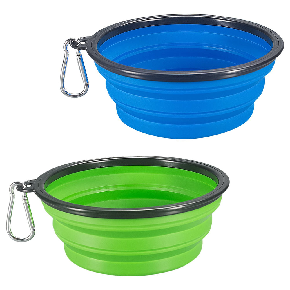 COMSUN tazón plegable para mascotas abierto en azul y verde, ideal para viajes.