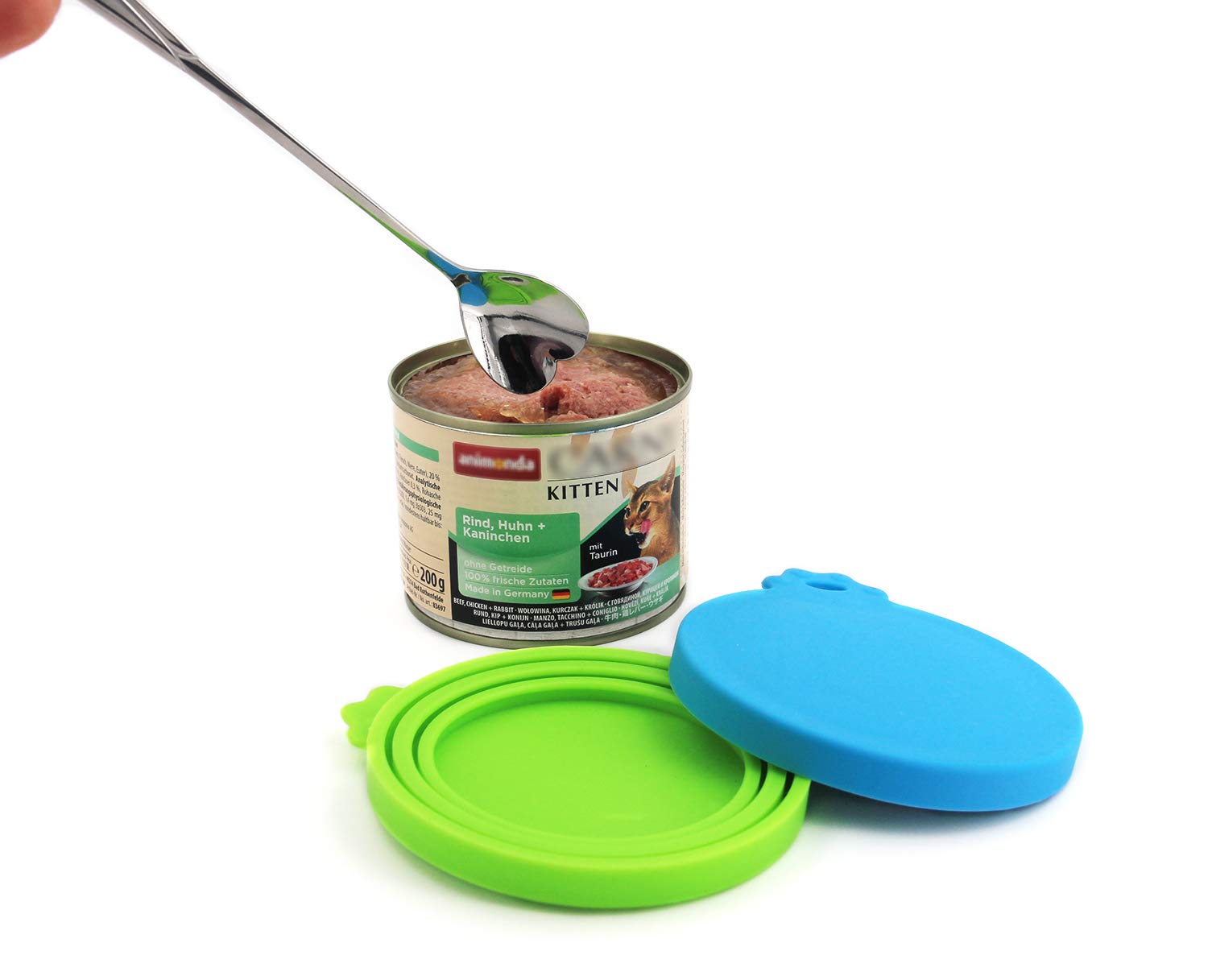 Conjunto de tres tapas de silicona Comtim con cuchara para porciones sencillas.