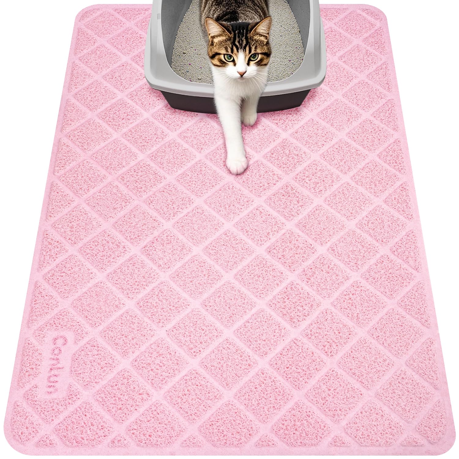Conlun alfombrilla para arena de gato rosada, vista general, atrapa arena y protege el suelo.