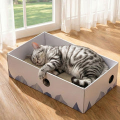 Conlun cama interactiva para gatos dentro de la caja, ideal para descanso.