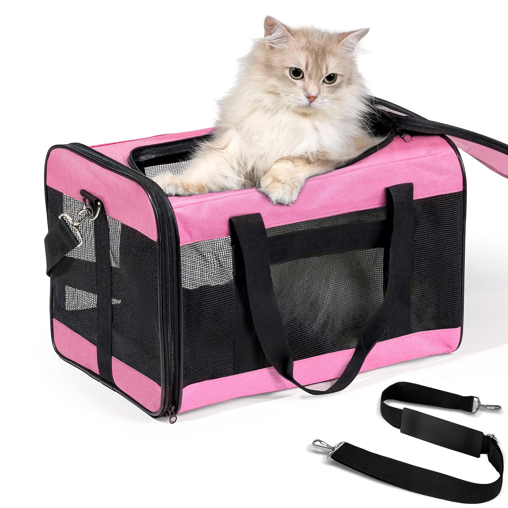 Conlun transportín para gatos Rosa M, vista frontal, ideal para viajar con comodidad.