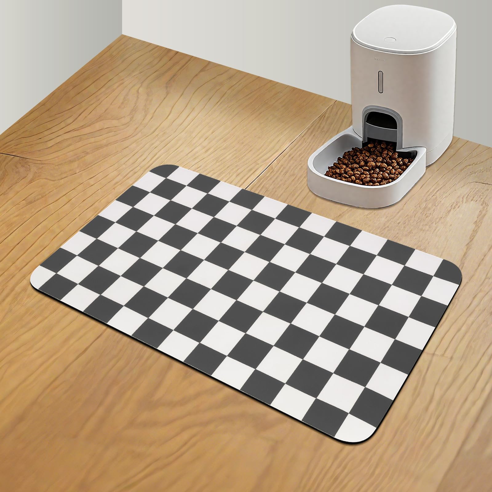 CooRug alfombrilla para comida de perros con cuadros, absorbe derrames rápidamente.