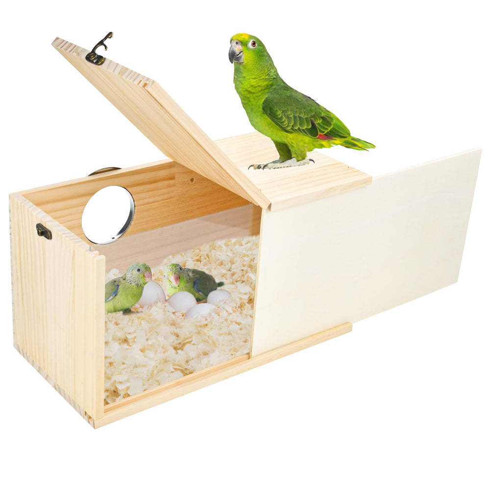 Nido de CooShou para periquitos con madera natural y vista clara para observar cría
