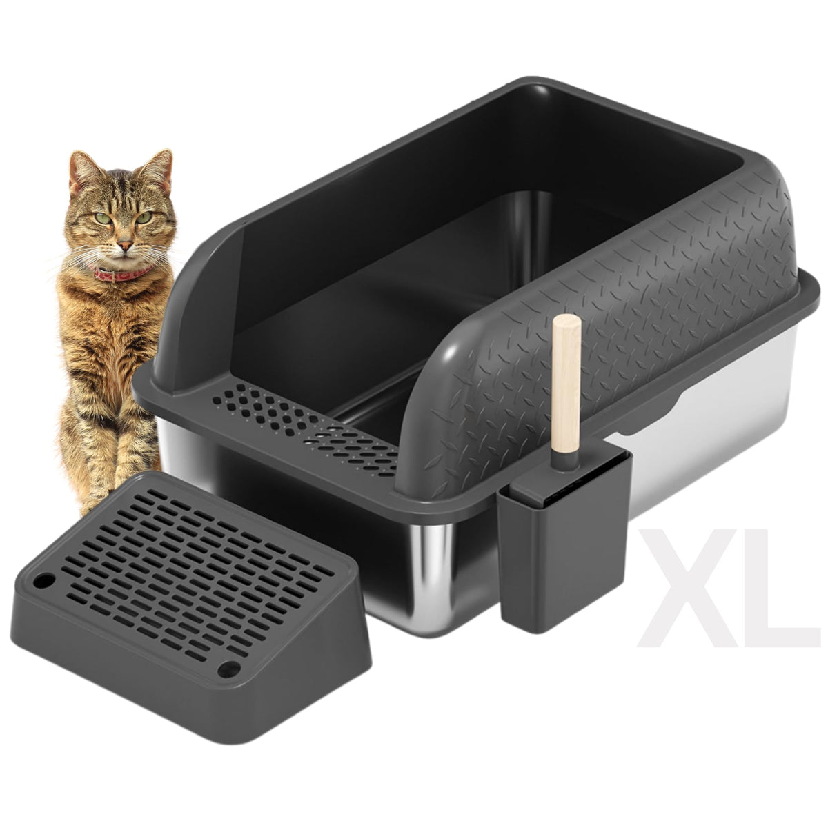 Copper Chisel caja de arena de acero inoxidable con tapa alta, ideal para interiores y control de olores.