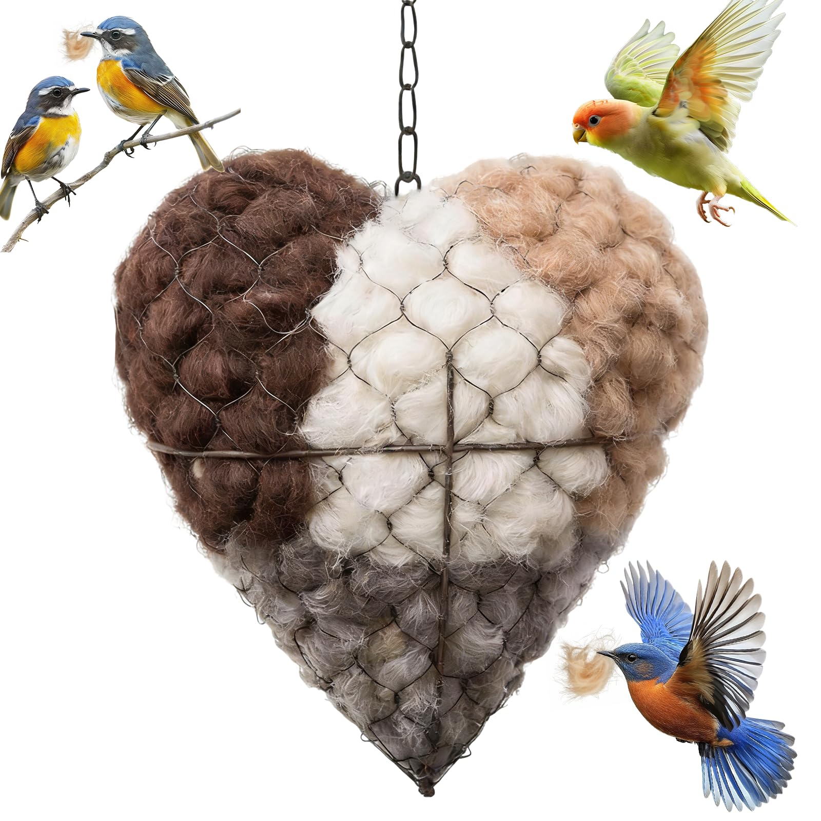 Corazón-nido-fibra-artesanal: refugio para aves en el jardín.