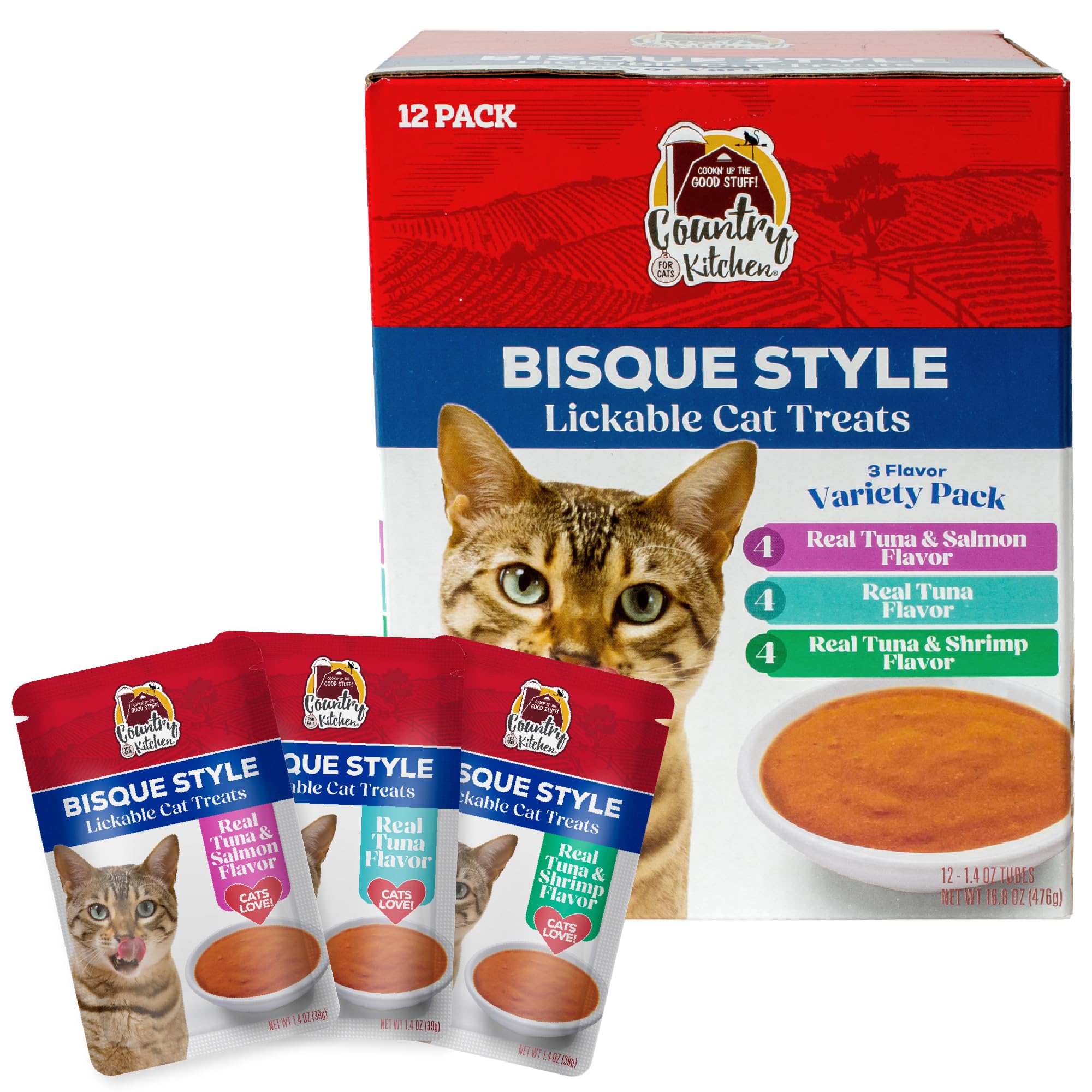 Country Kitchen Bisque para gatos, tubo de atún y salmón para lamidos sabrosos