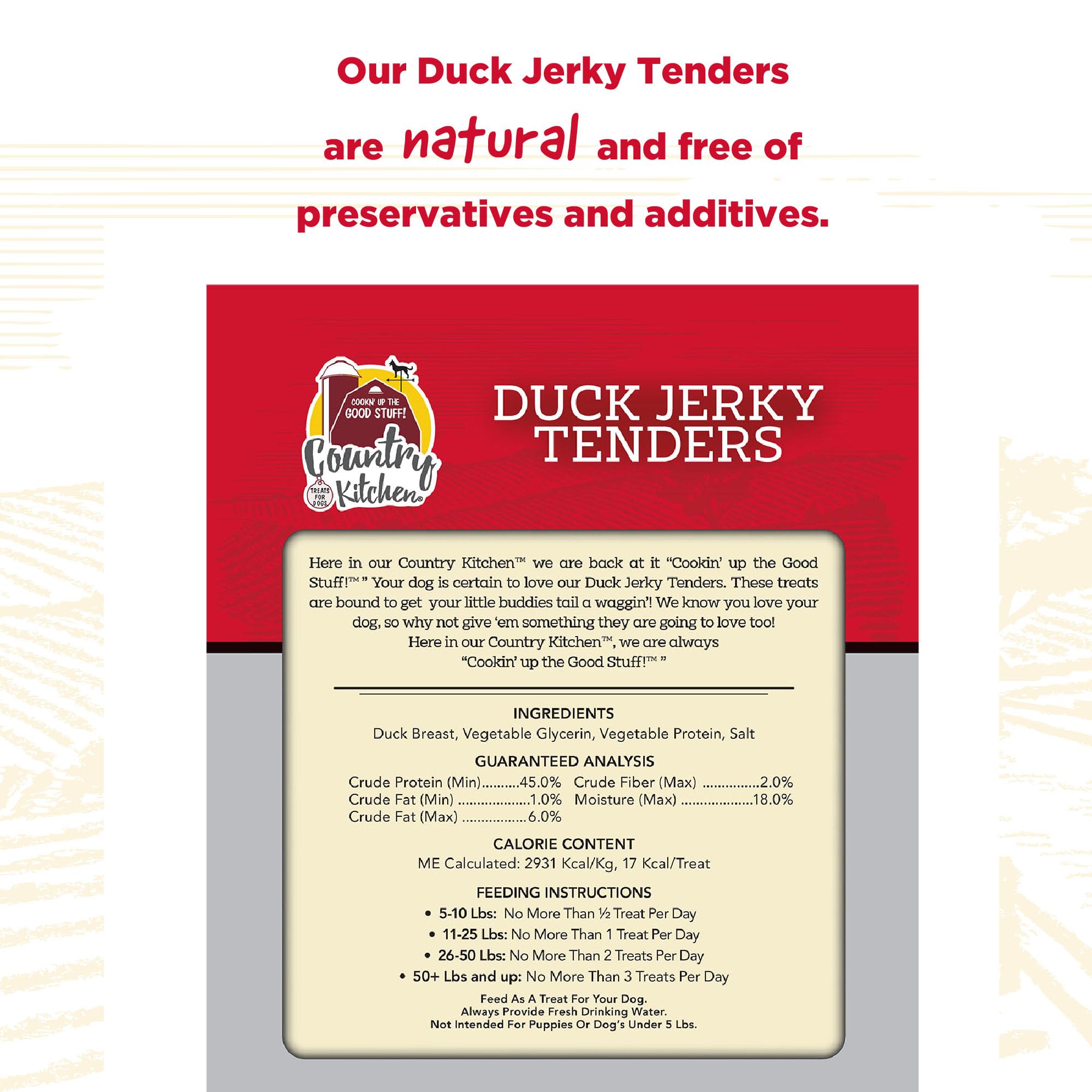 Country Kitchen Jerky de Pato Tenders, uso recomendado como premio para entrenamiento.