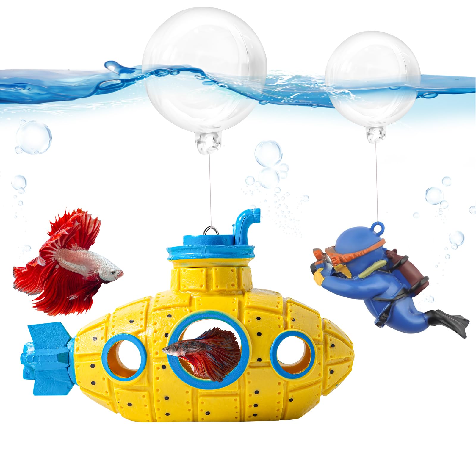 CousDUoBe submarino flotante: decoración atractiva y descanso para peces.